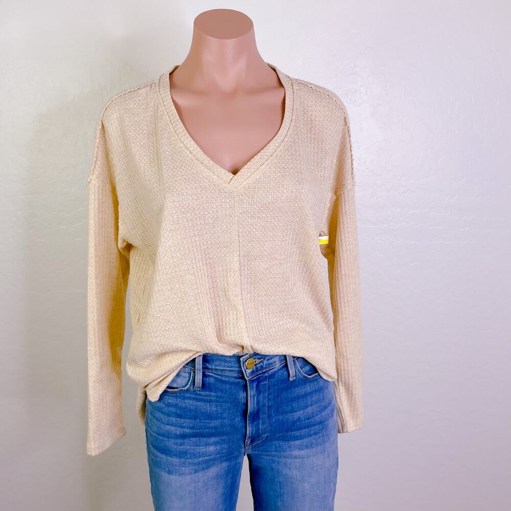 Gibsonlook Waffle Knit V-Neck Pullover Long Sleeve Shirt Beige size XS NEW - Picture 12 of 12